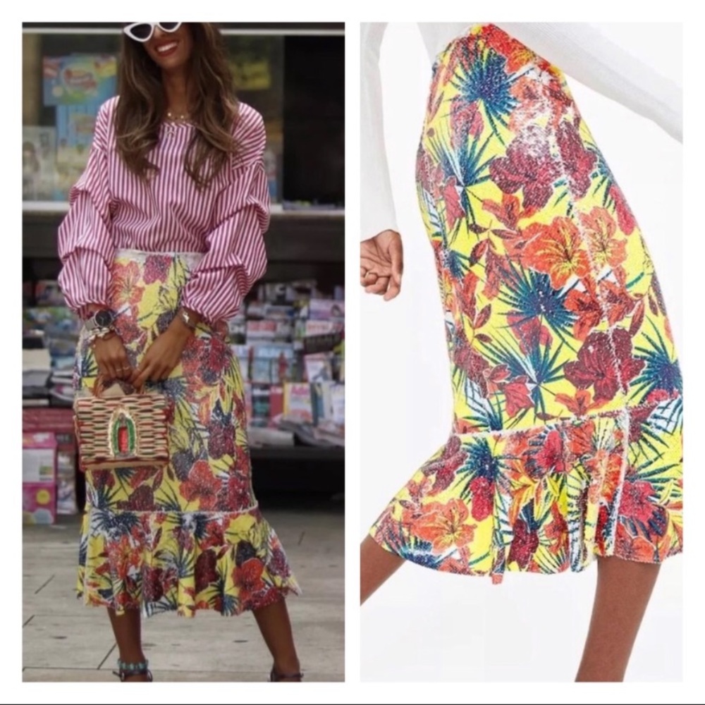 Zara Yellow Floral Midi Skirt with Ruffle Hem